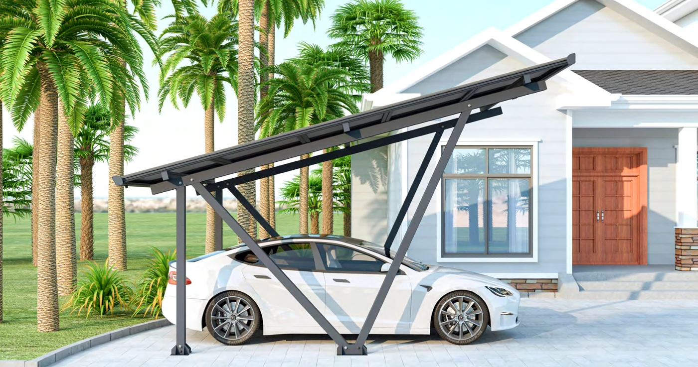 Carport photovoltaïque abritant une voiture électrique