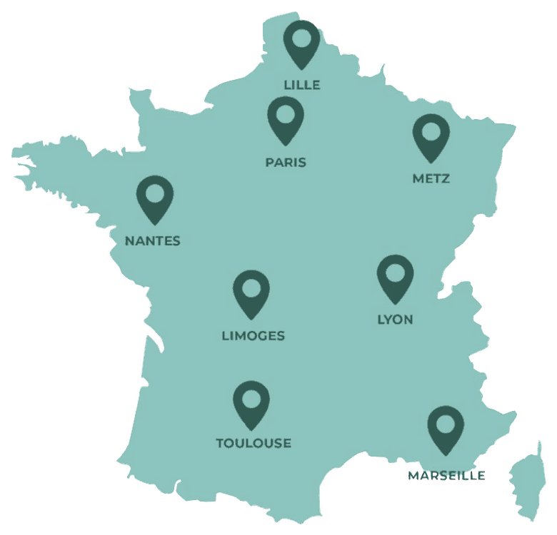 Carte de France des 8 agences Green Énergie Solutions : Lille, Paris, Metz, Nantes, Limoges, Lyon, Toulouse, Marseille
