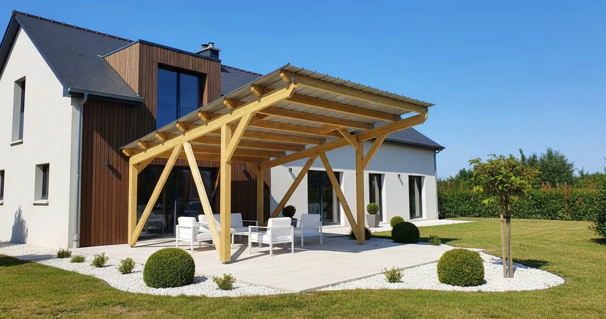 Pergola en bois équipée de panneaux photovoltaïques